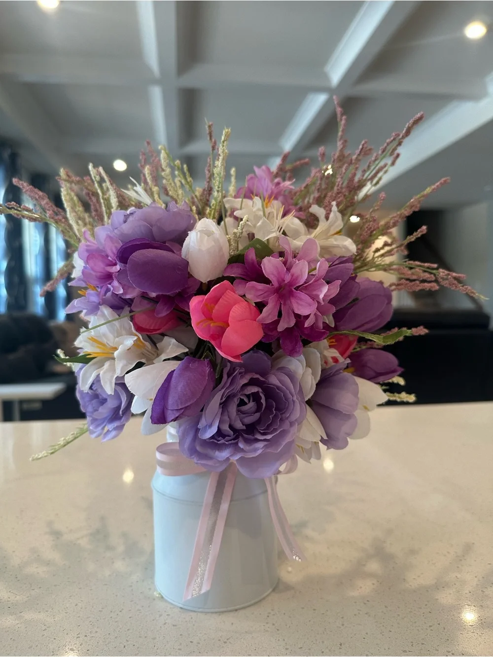 Purple & Pink Artificial Floral Arrangement in White Vase